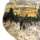 Winter Landscape, Grey and Gold Sky, Old Folk Art Painted Scallop Shell, Found in Maine
