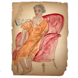 Woman in Orange in Red Chair, Adelaide Lawson c. 1930s Watercolor on Paper Portrait