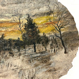Winter Landscape, Grey and Gold Sky, Old Folk Art Painted Scallop Shell, Found in Maine