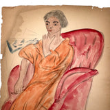 Woman in Orange in Red Chair, Adelaide Lawson c. 1930s Watercolor on Paper Portrait