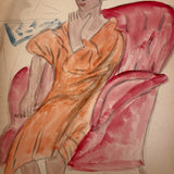 Woman in Orange in Red Chair, Adelaide Lawson c. 1930s Watercolor on Paper Portrait