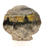 Winter Landscape, Grey and Gold Sky, Old Folk Art Painted Scallop Shell, Found in Maine