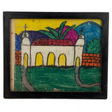 Wonderfully Bold Naive Crayon Drawing of Mission Style Church, Framed as Found