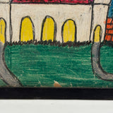 Wonderfully Bold Naive Crayon Drawing of Mission Style Church, Framed as Found