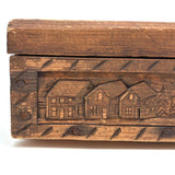 Ultra Folky Old Hand-carved Wooden Sweetheart Box with Portrait, Nude, Houses, Bottle, and Butterfly!