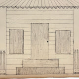 (Freehand) Line and Form: 1880s Pennsylvania German Ink Drawing of Cabin with Conical Roof and Perfect Picket Fence