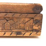 Ultra Folky Old Hand-carved Wooden Sweetheart Box with Portrait, Nude, Houses, Bottle, and Butterfly!
