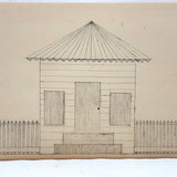 (Freehand) Line and Form: 1880s Pennsylvania German Ink Drawing of Cabin with Conical Roof and Perfect Picket Fence