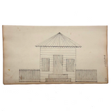 (Freehand) Line and Form: 1880s Pennsylvania German Ink Drawing of Cabin with Conical Roof and Perfect Picket Fence