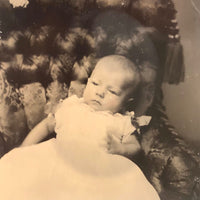 Curious c. 1870s Baby Portrait with (Hidden Mother’s?) Hand, T.S. Estabrook, Brooklyn Ferrotype 