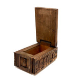 Ultra Folky Old Hand-carved Wooden Sweetheart Box with Portrait, Nude, Houses, Bottle, and Butterfly!