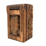 Ultra Folky Old Hand-carved Wooden Sweetheart Box with Portrait, Nude, Houses, Bottle, and Butterfly!