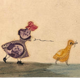 Girl and Her Chicks, Sweet Old Postage Stamp Collage Postcard