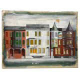 Row Houses, Three Styles, c. 1940s Acrylic on Board Painting, Presumed Allentown PA