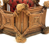 Very Tender Antique Woven Straw Wall Pocket with God's Eyes and Early Calicos