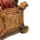 Very Tender Antique Woven Straw Wall Pocket with God's Eyes and Early Calicos