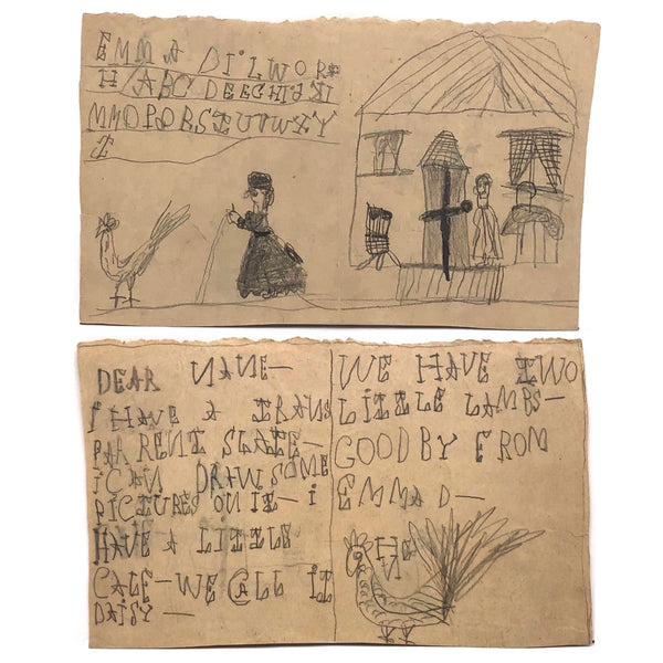 Emma Dilmore's Late 19th C. Double Sided Card with Excellent Figures, House, Writing