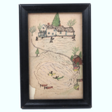 Ink and Crayon Drawing of Ball Players, Boaters, House and Barn 