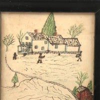 Ink and Crayon Drawing of Ball Players, Boaters, House and Barn 
