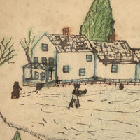 Ink and Crayon Drawing of Ball Players, Boaters, House and Barn 