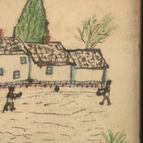 Ink and Crayon Drawing of Ball Players, Boaters, House and Barn 