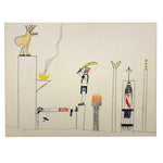 Bird with Crown, Fire, Sword: Strange, Intense, Ledger-Esque Vintage Child's Crayon Drawing