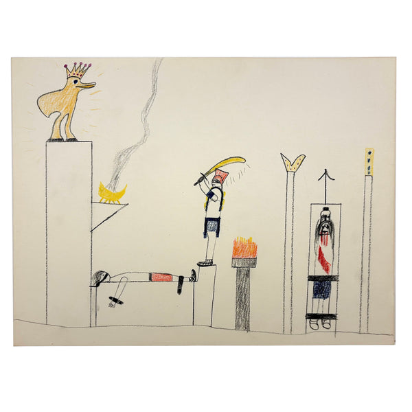 Bird with Crown, Fire, Sword: Strange, Intense, Ledger-Esque Vintage Child's Crayon Drawing