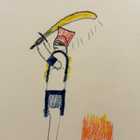 Bird with Crown, Fire, Sword: Strange, Intense, Ledger-Esque Vintage Child's Crayon Drawing
