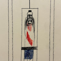 Bird with Crown, Fire, Sword: Strange, Intense, Ledger-Esque Vintage Child's Crayon Drawing