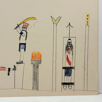 Bird with Crown, Fire, Sword: Strange, Intense, Ledger-Esque Vintage Child's Crayon Drawing