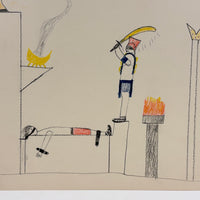 Bird with Crown, Fire, Sword: Strange, Intense, Ledger-Esque Vintage Child's Crayon Drawing