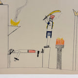 Bird with Crown, Fire, Sword: Strange, Intense, Ledger-Esque Vintage Child's Crayon Drawing