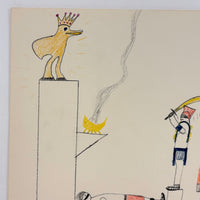 Bird with Crown, Fire, Sword: Strange, Intense, Ledger-Esque Vintage Child's Crayon Drawing