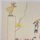 Bird with Crown, Fire, Sword: Strange, Intense, Ledger-Esque Vintage Child's Crayon Drawing