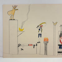 Bird with Crown, Fire, Sword: Strange, Intense, Ledger-Esque Vintage Child's Crayon Drawing