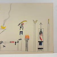 Bird with Crown, Fire, Sword: Strange, Intense, Ledger-Esque Vintage Child's Crayon Drawing