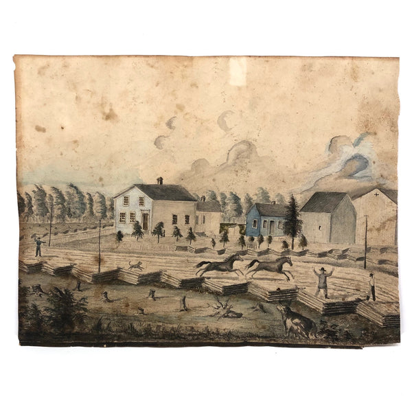 Mid 19th C. Folk Art Graphite and Watercolor Drawing: Horse Race with Chasing Dog