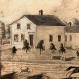 Mid 19th C. Folk Art Graphite and Watercolor Drawing: Horse Race with Chasing Dog