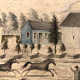 Mid 19th C. Folk Art Graphite and Watercolor Drawing: Horse Race with Chasing Dog