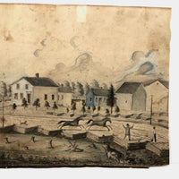 Mid 19th C. Folk Art Graphite and Watercolor Drawing: Horse Race with Chasing Dog