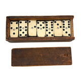 Complete Antique Double Six Set of Enamel Painted Wooden Dominoes with Spinner in Original Box