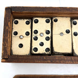 Complete Antique Double Six Set of Enamel Painted Wooden Dominoes with Spinner in Original Box