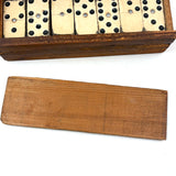 Complete Antique Double Six Set of Enamel Painted Wooden Dominoes with Spinner in Original Box