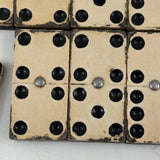 Complete Antique Double Six Set of Enamel Painted Wooden Dominoes with Spinner in Original Box