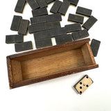 Complete Antique Double Six Set of Enamel Painted Wooden Dominoes with Spinner in Original Box