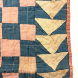 Checkerboard with Flying Geese, Gorgeous Old Crib Quilt in Pinks, Cream and Indigo