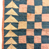 Checkerboard with Flying Geese, Gorgeous Old Crib Quilt in Pinks, Cream and Indigo
