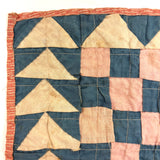 Checkerboard with Flying Geese, Gorgeous Old Crib Quilt in Pinks, Cream and Indigo