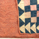 Checkerboard with Flying Geese, Gorgeous Old Crib Quilt in Pinks, Cream and Indigo
