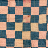 Checkerboard with Flying Geese, Gorgeous Old Crib Quilt in Pinks, Cream and Indigo